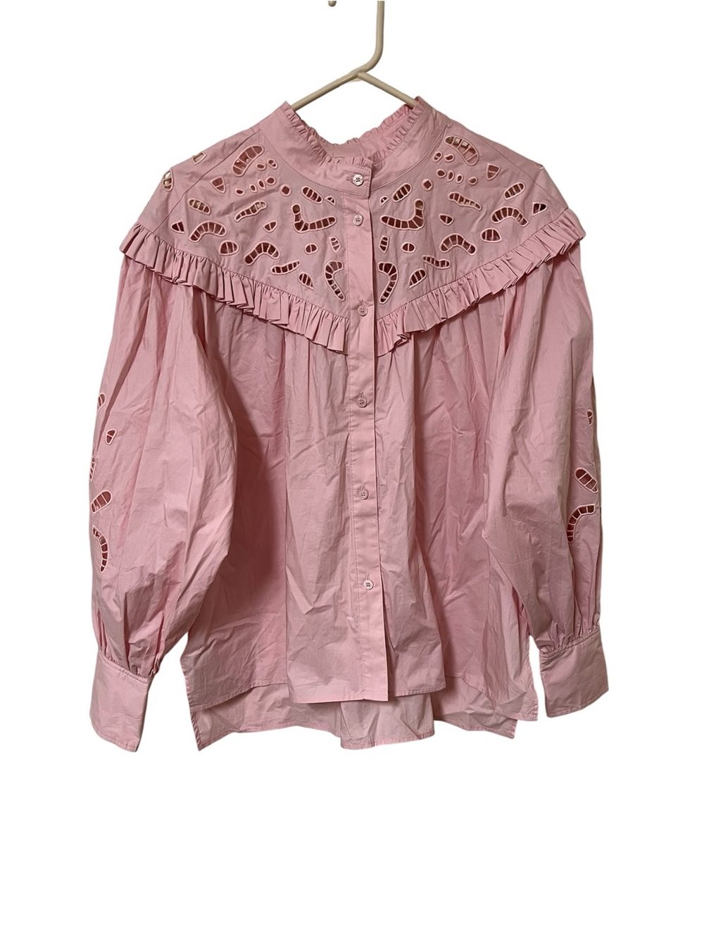 H&M Ruffle Eyelet Statement Poet Blouse Pink Large Button Retro-Inspired NWT